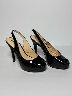 Guess Black Patent Peep Toe Slingback Heels Platform Size 7